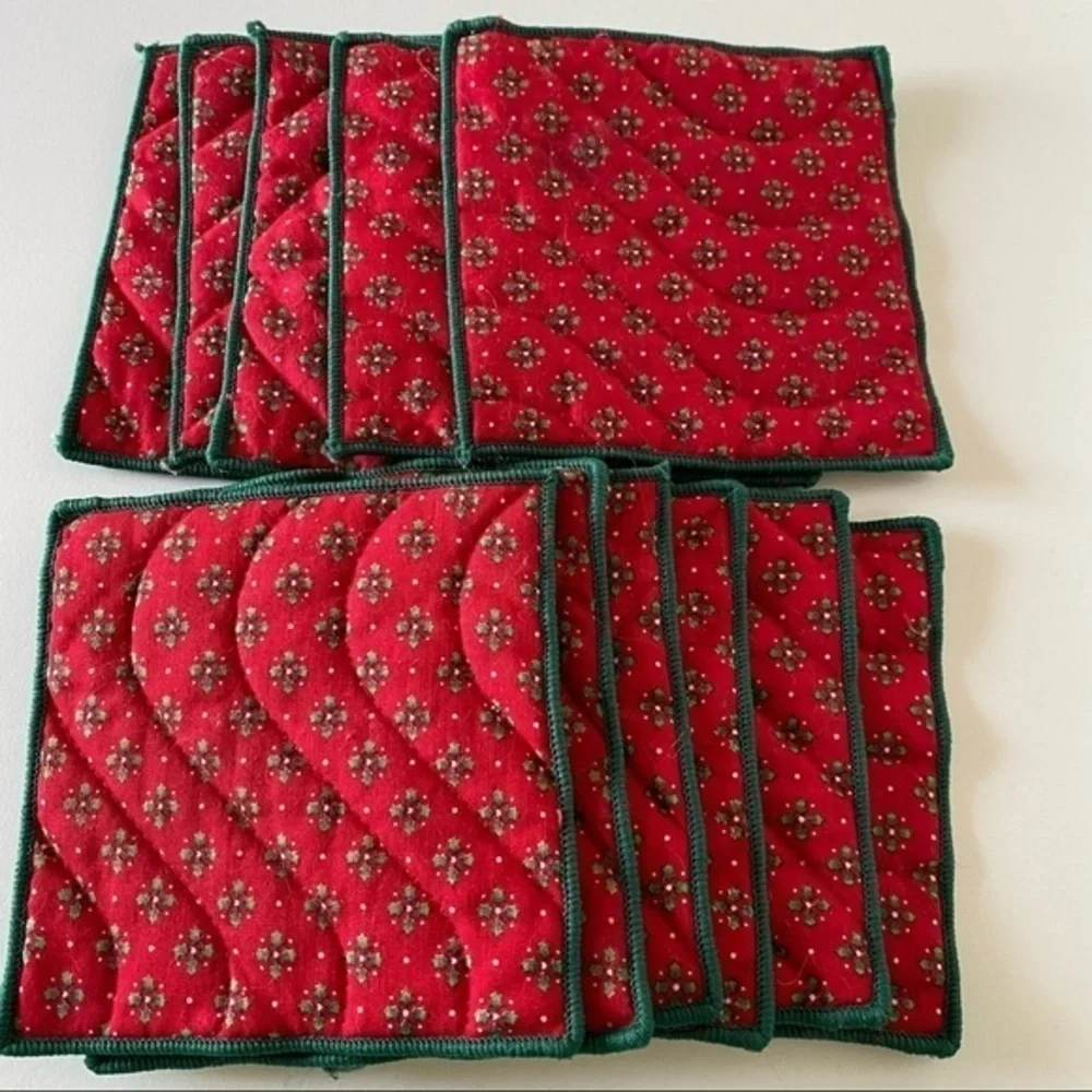 Crate&Barrel red green cotton holiday farmhouse quilted coaster 11 pieces